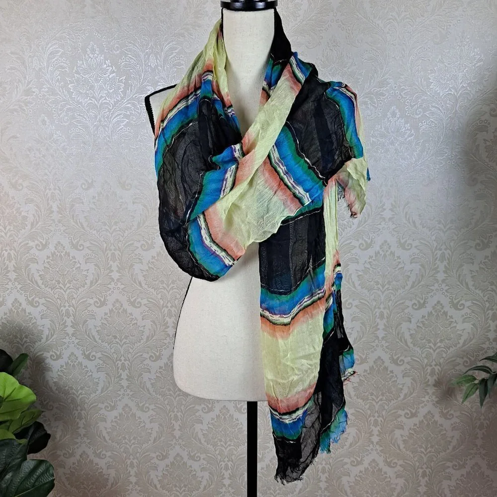 Multi Color Striped Lightweight Scarf Small Fringe Ends 100% Rayon